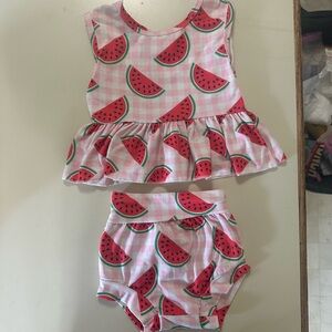 Pink and Red Watermelon Print Matching Set with Peplum Top